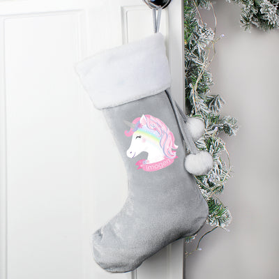 Personalised Christmas Unicorn Luxury Silver Grey Stocking Christmas Decorations Everything Personal