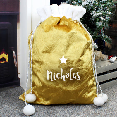 Personalised Name Only Gold Luxury Pom Pom Sack Christmas Decorations Everything Personal