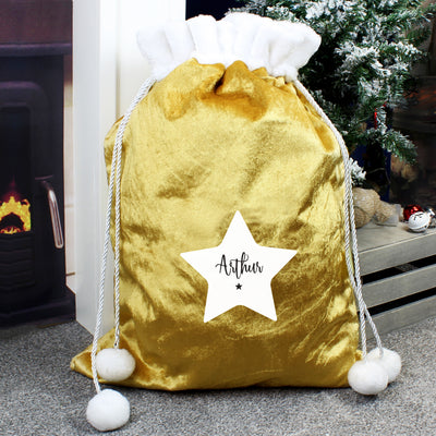Personalised Star Luxury Pom Pom Gold Christmas Sack Christmas Decorations Everything Personal