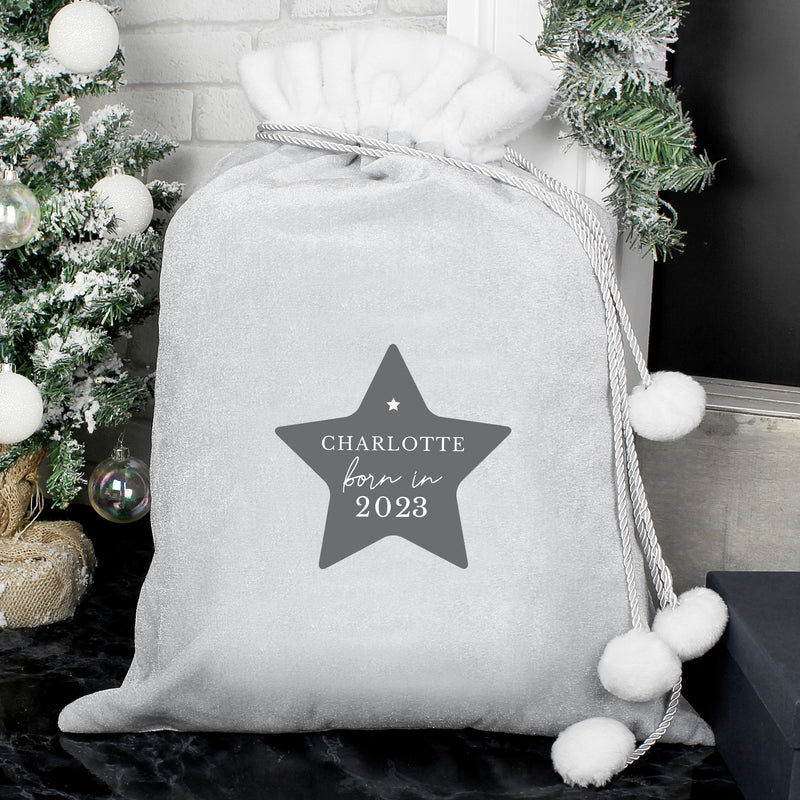 Personalised Born In Luxury Silver Grey Pom Pom Sack Christmas Decorations Everything Personal