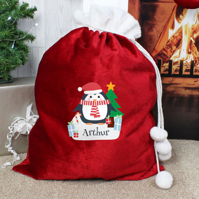 Personalised Christmas Penguin Luxury Pom Pom Red Sack Christmas Decorations Everything Personal