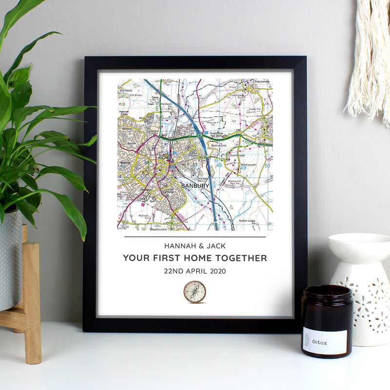 Personalised Present Day Map Compass Black Framed Print Framed Prints Everything Personal