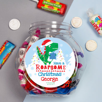 Personalised Dinosaur 'Have a Roarsome Christmas' Sweet Jar Confectionery Everything Personal