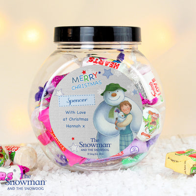 Personalised The Snowman and the Snowdog Blue Sweet Jar Confectionery Everything Personal