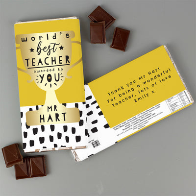 Personalised Worlds Best Teacher Trophy Milk Chocolate Bar Confectionery Everything Personal
