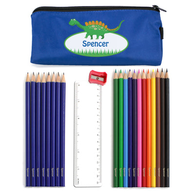 Blue Dinosaur Pencil Case with Personalised Pencils & Crayons Stationery & Pens Everything Personal