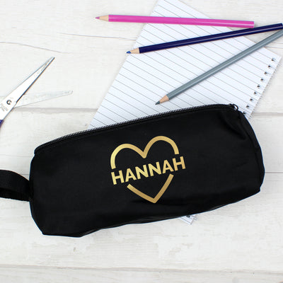Personalised Gold Heart Black Pencil Case Stationery & Pens Everything Personal