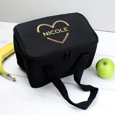 Personalised Gold Heart Black Lunch Bag Mealtime Essentials Everything Personal