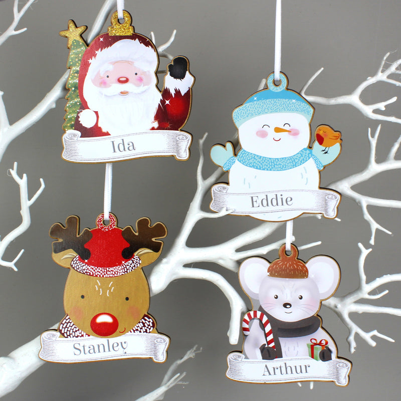 Personalised Set of Four Colourful Christmas Characters Wooden Hanging Decorations Wooden Everything Personal