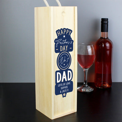 Personalised Happy Father's Day No. 1 Dad Wooden Wine Bottle Box Glasses & Barware Everything Personal