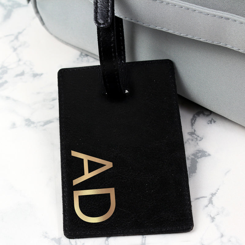 Personalised Gold Initials Black Luggage Tag Leather & Leatherette Everything Personal