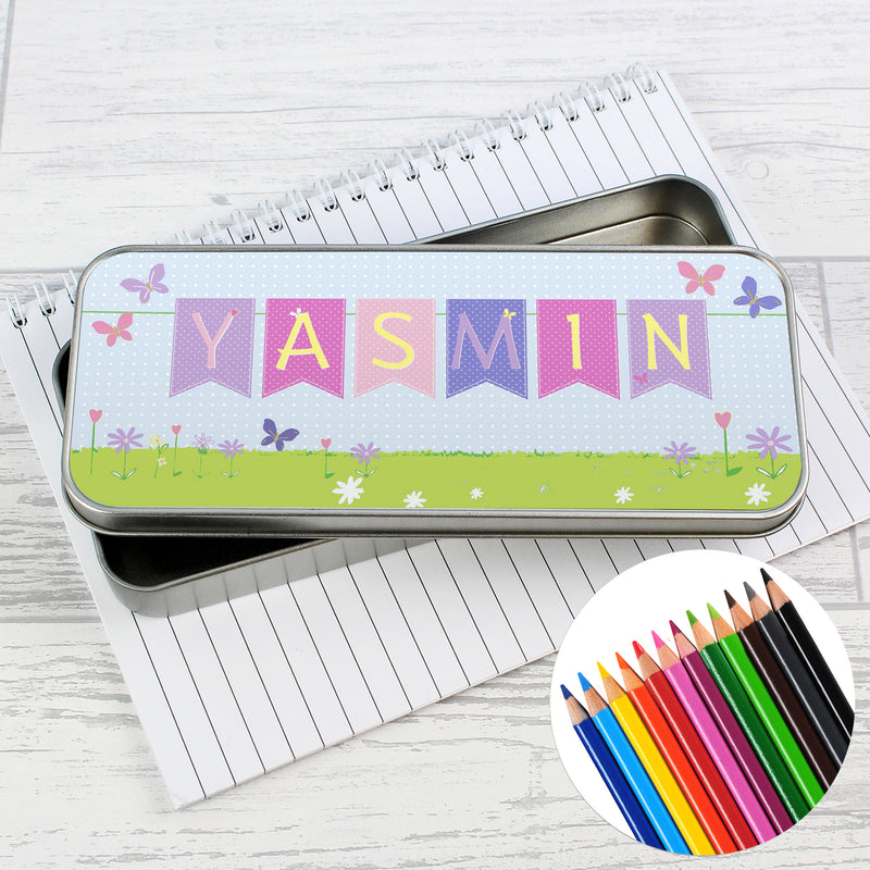 Personalised Garden Bunting Pencil Tin with Pencil Crayons Stationery & Pens Everything Personal