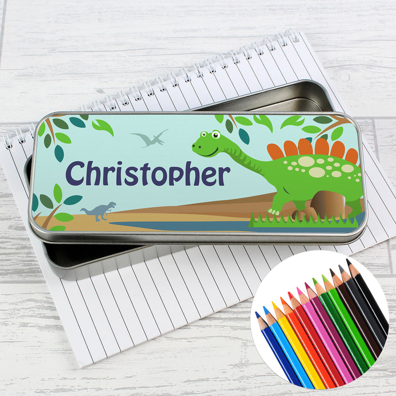 Personalised Dinosaur Pencil Tin with Pencil Crayons Stationery & Pens Everything Personal