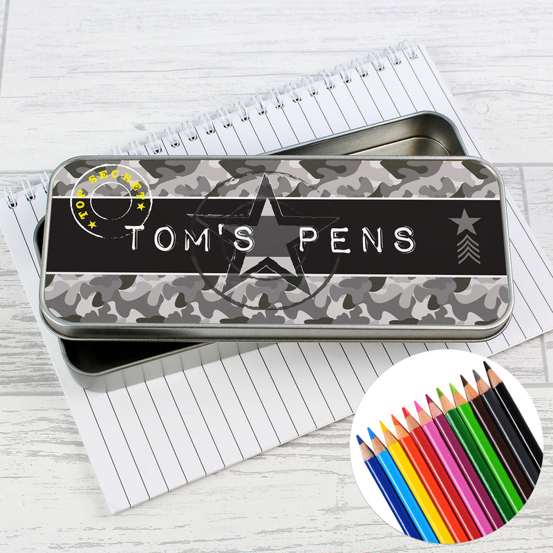 Personalised Army Camo Pencil Tin with Pencil Crayons Stationery & Pens Everything Personal