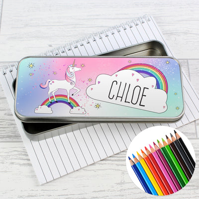 Personalised Unicorn Pencil Tin with Pencil Crayons Stationery & Pens Everything Personal
