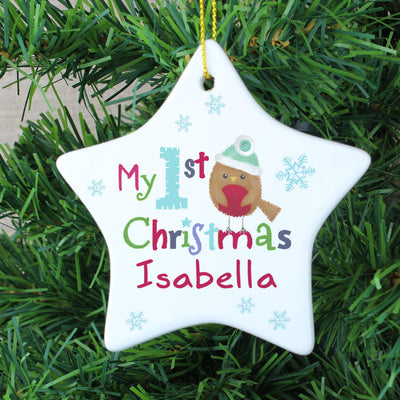 Personalised Felt Stitch Robin 'My 1st Christmas' Ceramic Star Decoration Christmas Decorations Everything Personal