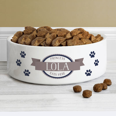 Personalised Blue Paws 14cm Medium White Pet Bowl Pet Gifts Everything Personal