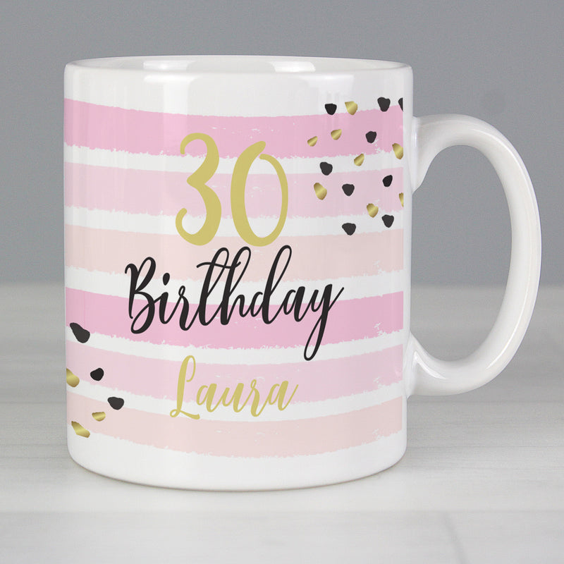 Personalised Birthday Gold and Pink Stripe Mug Mugs Everything Personal