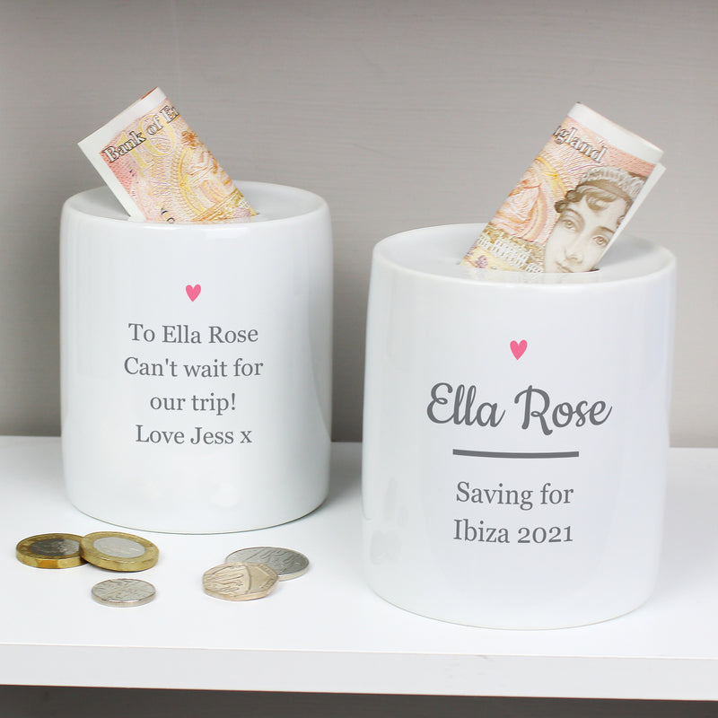 Personalised Pink Heart Motif Ceramic Money Box Money Boxes Everything Personal