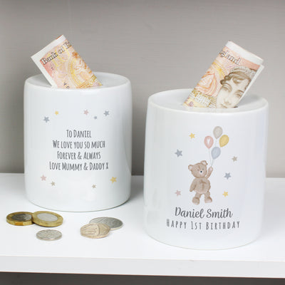 Personalised Teddy & Balloons Money Box Money Boxes Everything Personal
