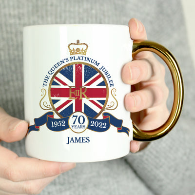 Personalised Union Jack Platinum Jubilee Gold Handled Mug Mugs Everything Personal