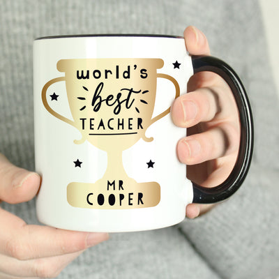 Personalised World's Best Teacher Trophy Black Handled Mug Mugs Everything Personal