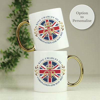 Personalised King Charles III Union Jack Coronation Commemorative Gold Handled Mug Mugs Everything Personal