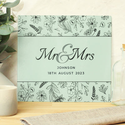 Personalised Mr & Mrs Botanical Glass Chopping Board/Worktop Saver Kitchen, Baking & Dining Gifts Everything Personal