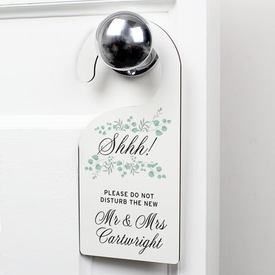 Personalised Floral and Eucalyptus Wedding Door Hanger Wooden Everything Personal