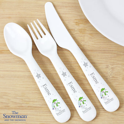 Personalised The Snowman and the Snowdog 3 Piece Plastic Cutlery Set Mealtime Essentials Everything Personal