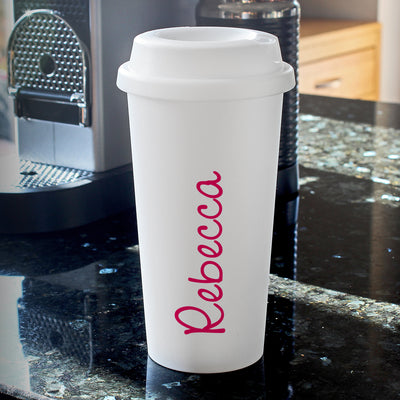 Personalised Pink Name Island Insulated Reusable Eco Travel Cup Mugs Everything Personal