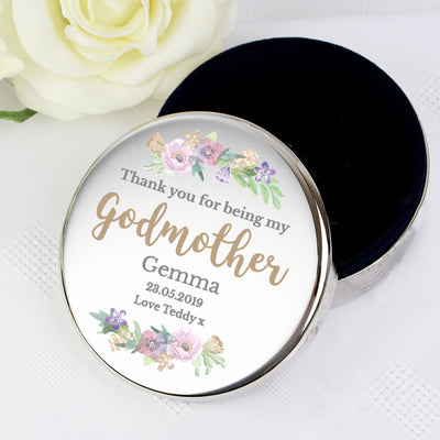 Personalised Godmother 'Floral Watercolour' Round Trinket Box Trinket, Jewellery & Keepsake Boxes Everything Personal