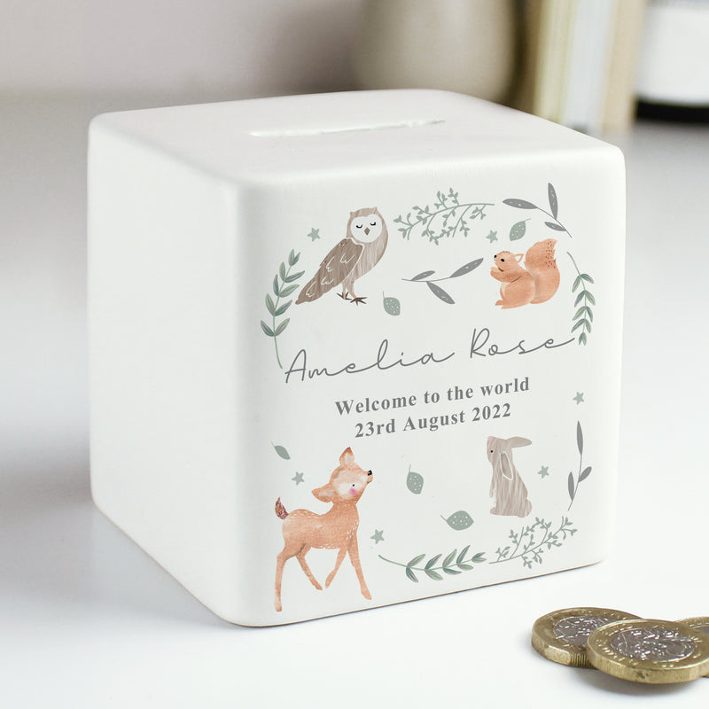 Personalised Woodland Animals Ceramic Square Money Box Money Boxes Everything Personal