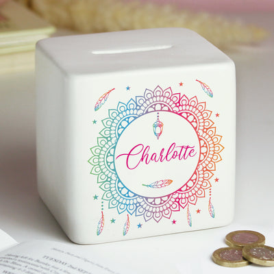 Personalised Dreamcatcher Ceramic Square Money Box Money Boxes Everything Personal