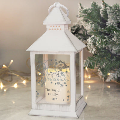Personalised Silver Reindeer White Lantern LED Lights, Candles & Decorations Everything Personal