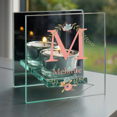 Personalised Floral Bouquet Mirrored Glass Tea Light Candle Holder Candles & Reed Diffusers Everything Personal
