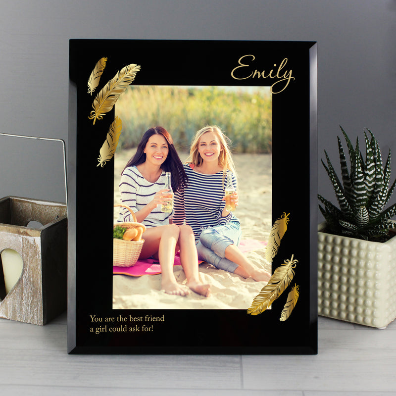 Personalised Golden Feather 5x7 Black Glass Photo Frame Photo Frames, Albums and Guestbooks Everything Personal