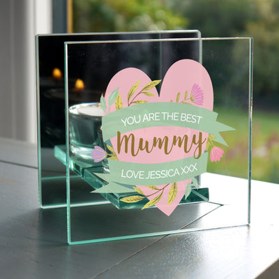 Personalised Floral Heart Mothers Day Mirrored Glass Tea Light Holder Candles & Reed Diffusers Everything Personal