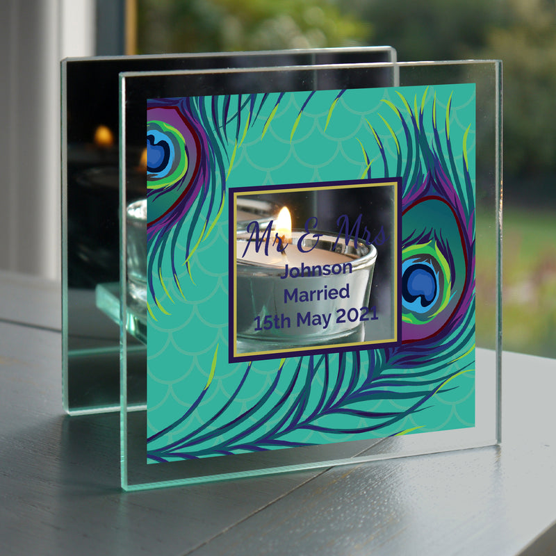 Personalised Peacock Mirrored Glass Tea Light Candle Holder Candles & Reed Diffusers Everything Personal