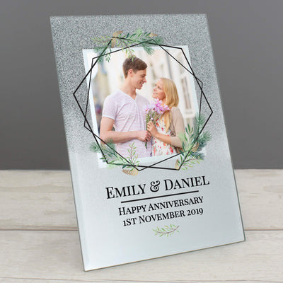 Personalised Geo Leaves 4x4 Glitter Glass Photo Frame Photo Frames, Albums and Guestbooks Everything Personal