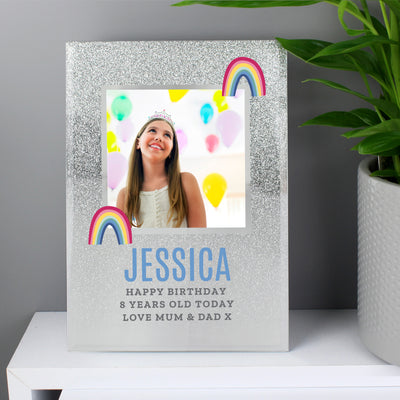 Personalised Rainbow 4x4 Glitter Glass Photo Frame Photo Frames, Albums and Guestbooks Everything Personal