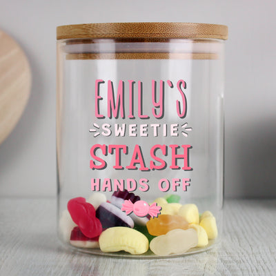 Personalised Sweetie Stash Glass Jar with Bamboo Lid Storage Everything Personal