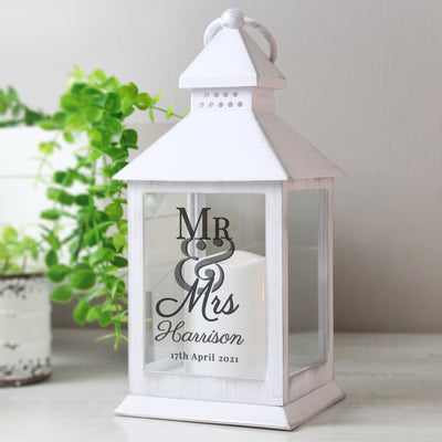 Personalised Mr & Mrs White Lantern LED Lights, Candles & Decorations Everything Personal
