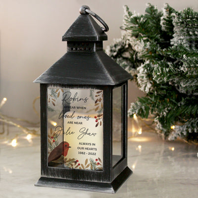 Personalised Robins Appear.. Memorial Black Lantern LED Lights, Candles & Decorations Everything Personal