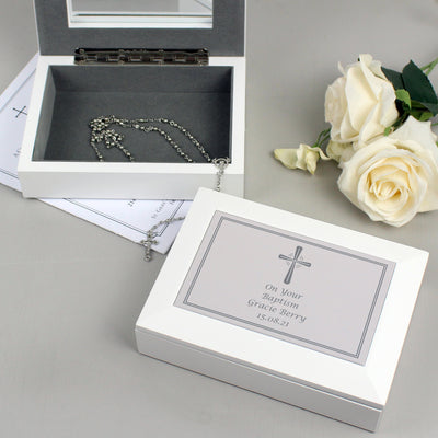 Personalised Silver Cross White Wooden Keepsake Box Trinket, Jewellery & Keepsake Boxes Everything Personal