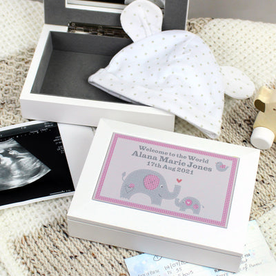 Personalised Pink Baby Elephant White Wooden Keepsake Box Trinket, Jewellery & Keepsake Boxes Everything Personal