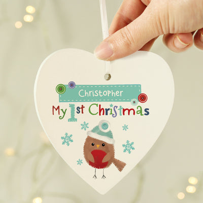 Personalised Felt Stitch Robin 'My 1st Christmas' Wooden Heart Decoration Hanging Decorations & Signs Everything Personal