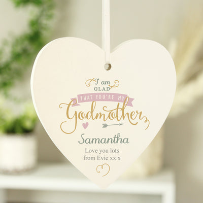 Personalised I Am Glad... Godmother Wooden Heart Decoration Hanging Decorations & Signs Everything Personal