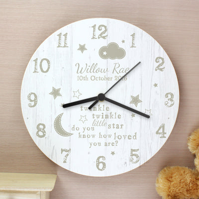 Personalised Twinkle Twinkle Shabby Chic Large Wooden Clock Clocks & Watches Everything Personal