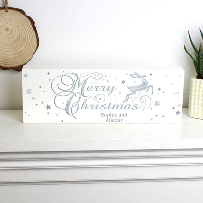 Personalised Silver Reindeer Wooden Block Sign Hanging Decorations & Signs Everything Personal